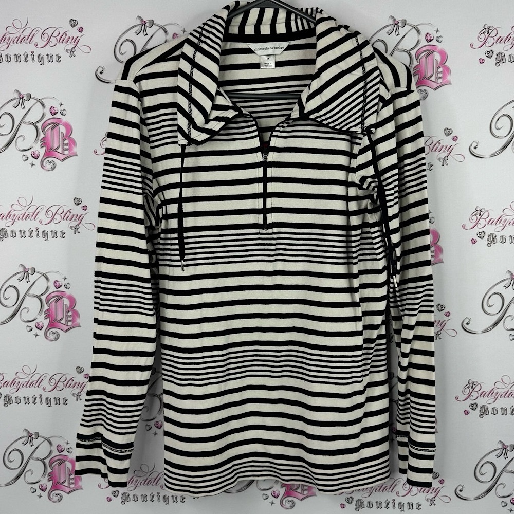 Christopher & Banks top long sleeve Black White Striped zip Down Shirt sweater